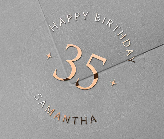 Personalized age and name birthday sticker printed in rose gold foil on transparent frosted round sticker