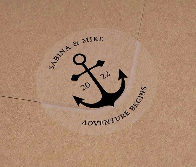 Anchor foiled wedding stickers with personalized names