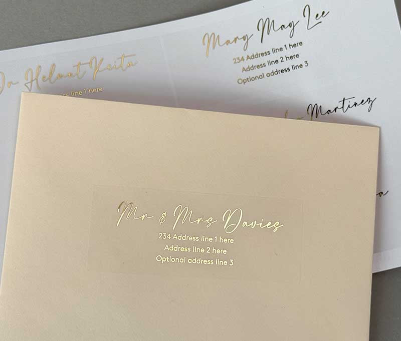 Calligraphy font recipient address labels foil printed on transparent sticker 14pcs