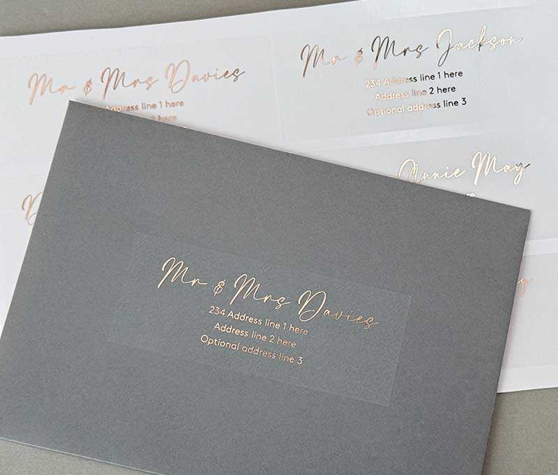 Calligraphy font recipient address labels foil printed on transparent sticker 14pcs