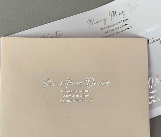 Calligraphy font recipient address labels foil printed on transparent sticker 14pcs