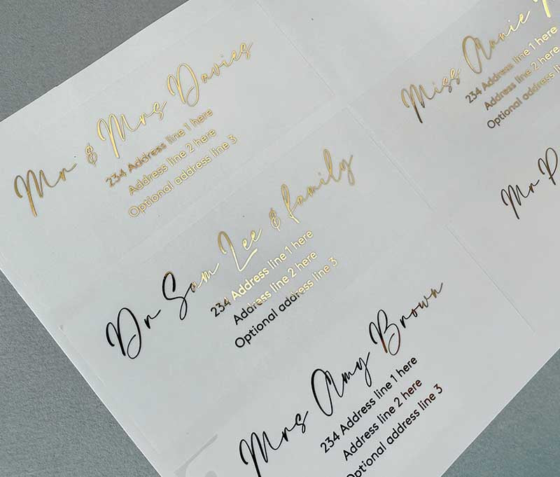 Calligraphy font recipient address labels foil printed on transparent sticker 14pcs