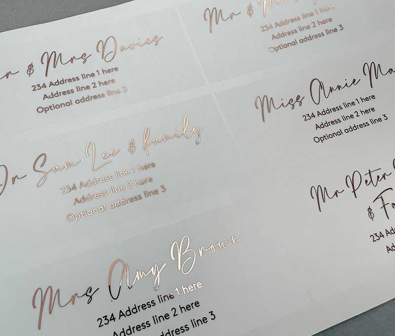 Calligraphy font recipient address labels foil printed on transparent sticker 14pcs