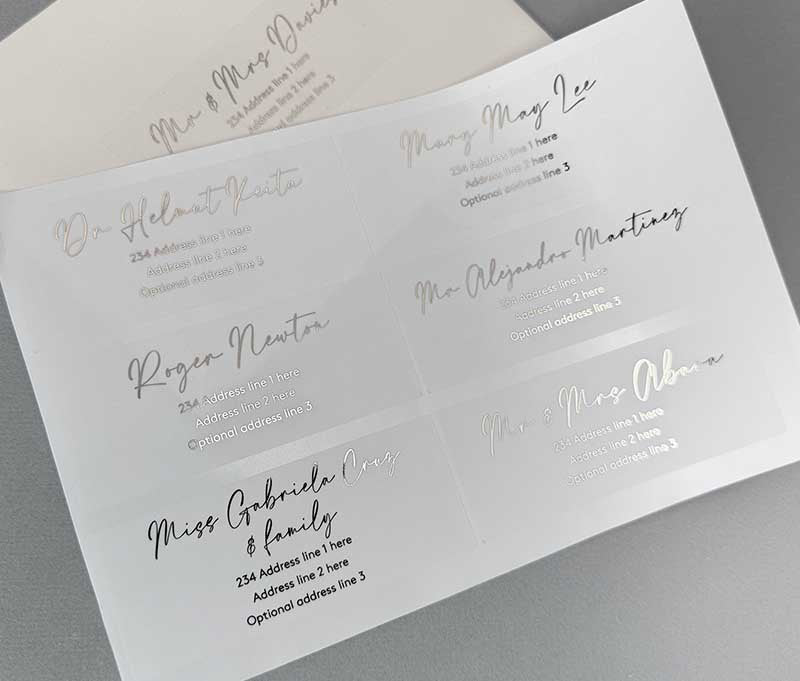 Calligraphy font recipient address labels foil printed on transparent sticker 14pcs