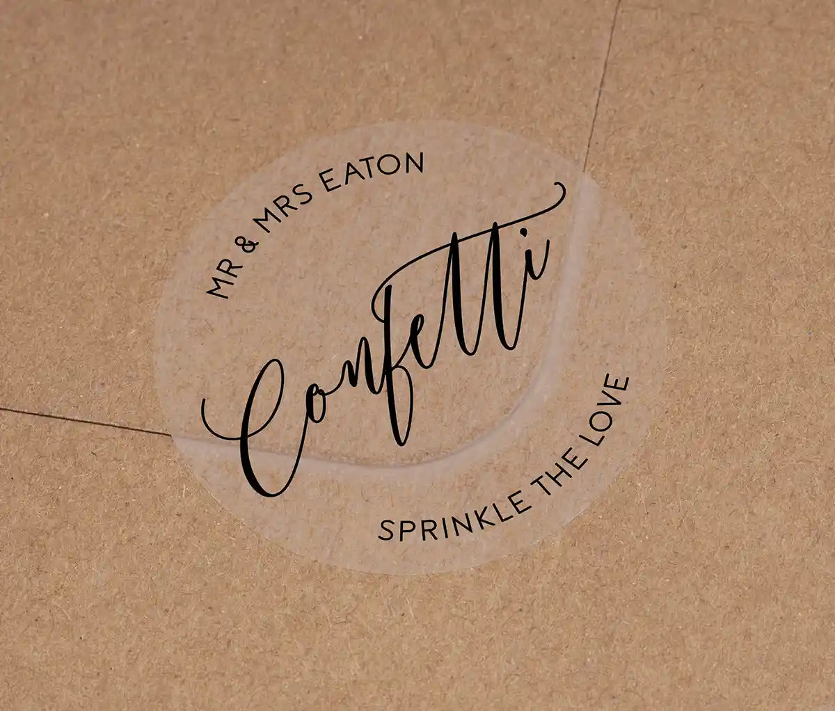 Confetti stickers with personalised names printed in black on clear sticker