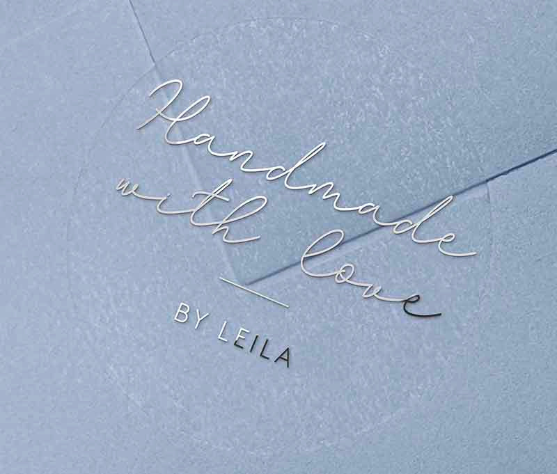 Handmade With Love sticker with personalized name printed in silver on round clear sticker
