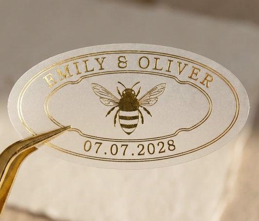 Personalized oval shape honey wedding favour label printed in gold foil on frosted vinyl