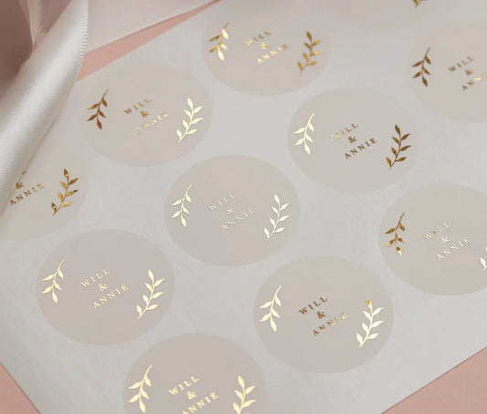 Wedding stickers with personalised names and laurel leaves graphic