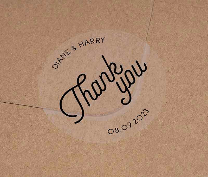 Modern retro design Thank you stickers with personalized names and date printed in black ink on round clear sticker