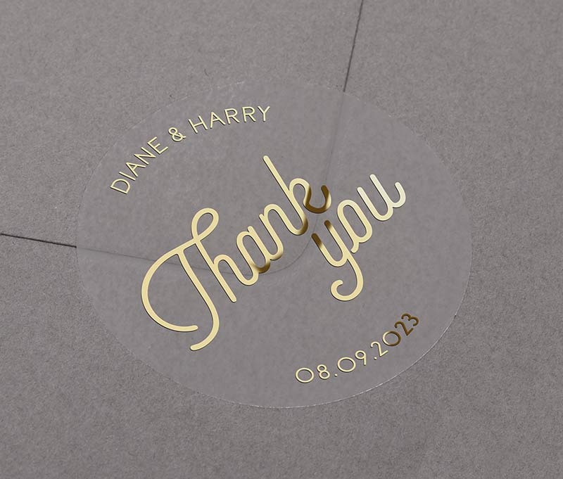 Modern retro design Thank you stickers with personalized names and date printed in gold on round clear sticker