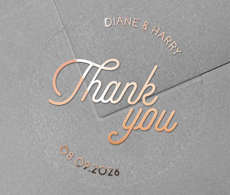 Modern retro design Thank you stickers with personalized names and date printed in rose gold on round clear sticker