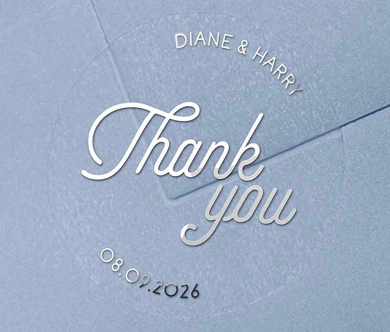 Modern retro design Thank you stickers with personalized names and date printed in silver on round clear sticker