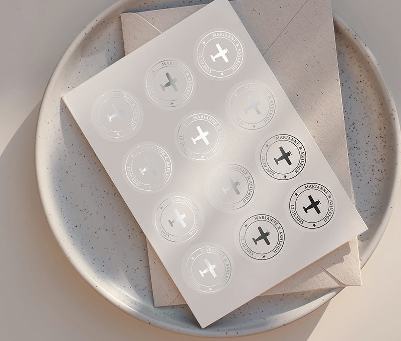 Destination Wedding Stickers | Gold Foil Airplane Labels