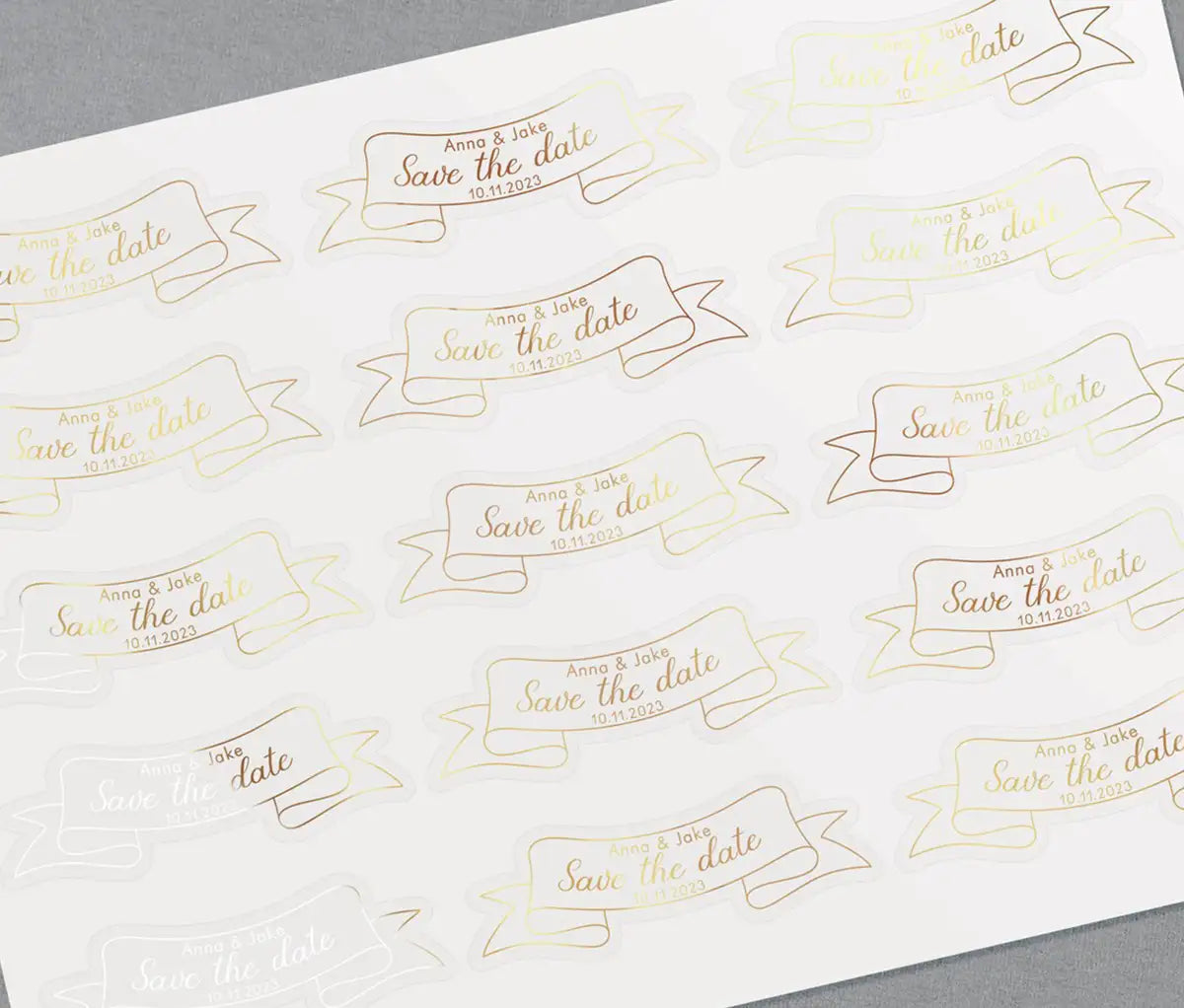 Ribbon shape save the date sticker sheet with gold foil print