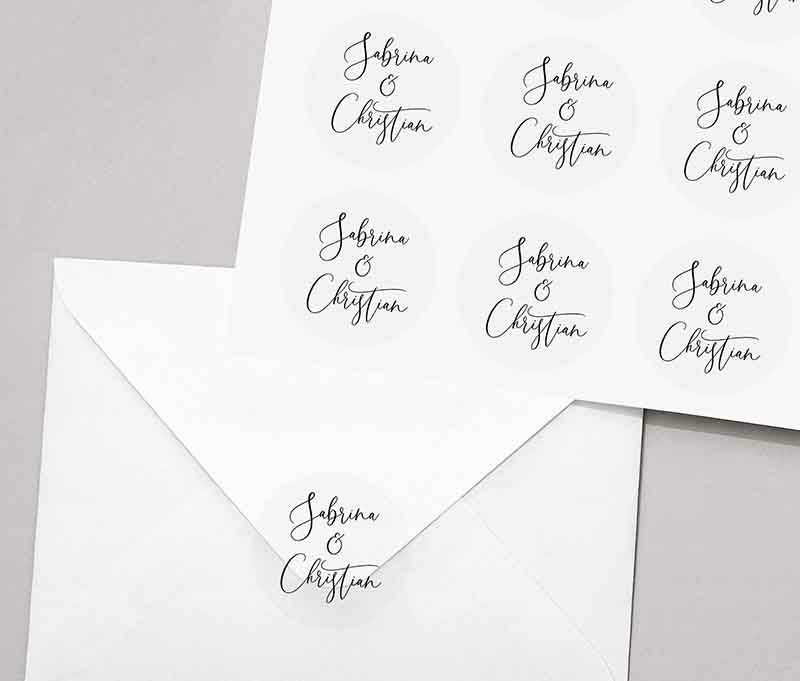 Calligraphy wedding stickers with personalised names