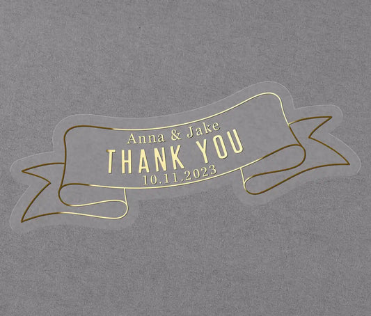 Clear gold foil printed thank you sticker in custom ribbon shape and personalized names