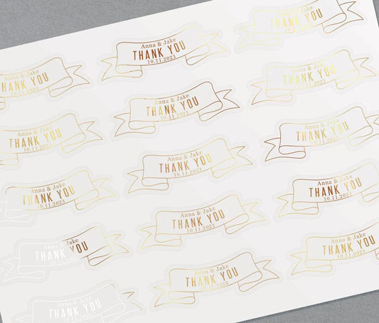 Clear gold foil printed thank you stickers in custom ribbon shape and personalized names