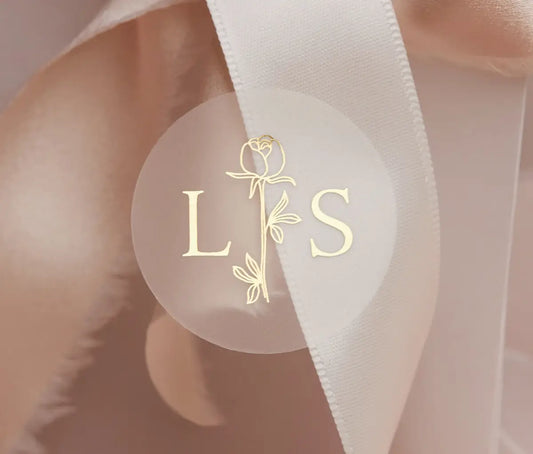 Wedding stickers with personalised initials and peony graphic