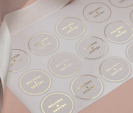 Minimalist wedding stickers with personalised names and thin circle frame