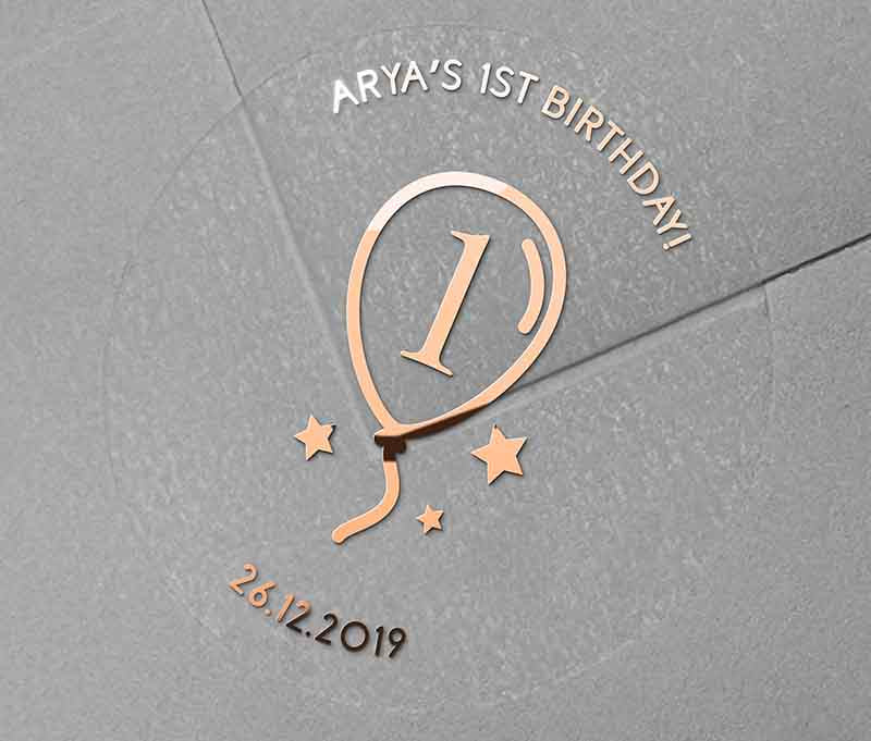 Birthday stickers with a balloon graphic and personalized name and date printed in rose gold on a clear sticker