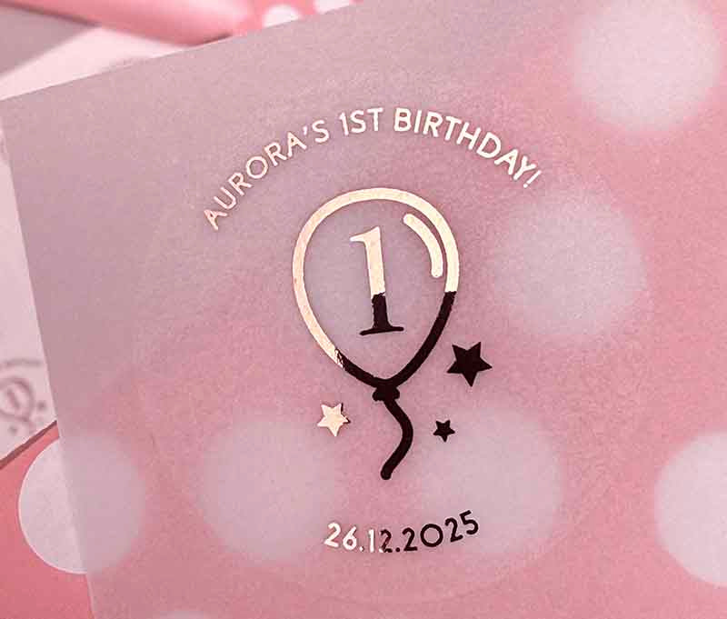 Birthday stickers with a balloon graphic and personalized name and date printed in rose gold on a clear sticker and applied to a velum card