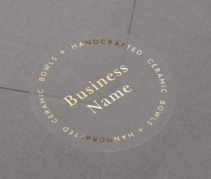 Custom Business name printed in gold on clear sticker