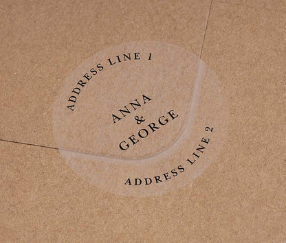 Return address labels printed in black on clear round sticker