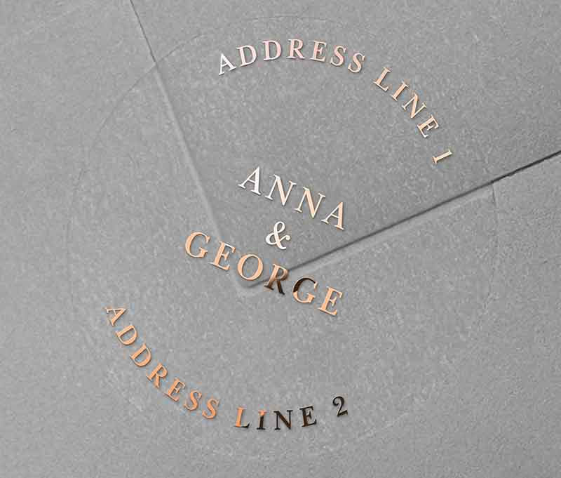Return address labels printed in rose gold on clear round sticker