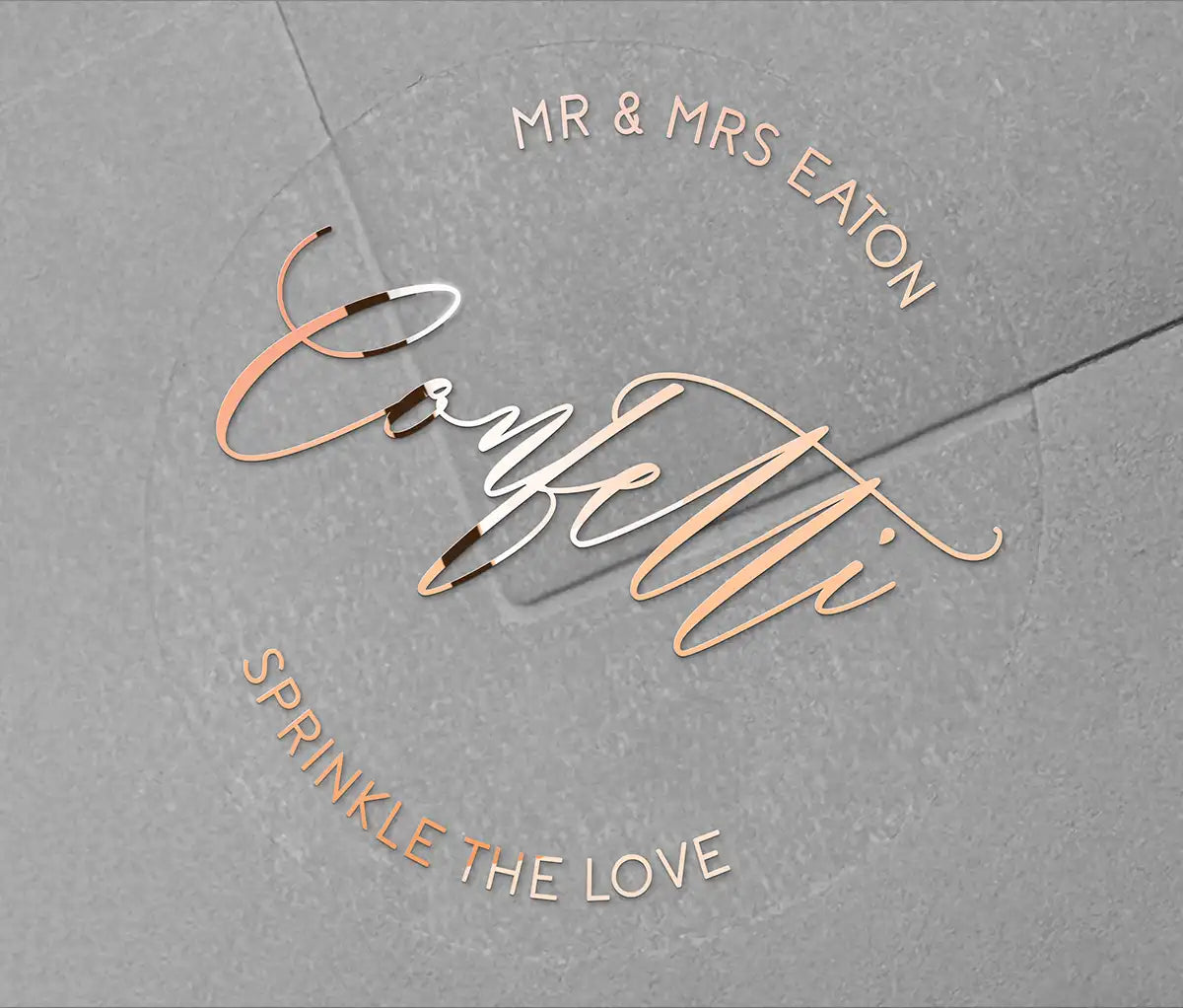 Confetti stickers with personalised names printed in rose gold on clear sticker