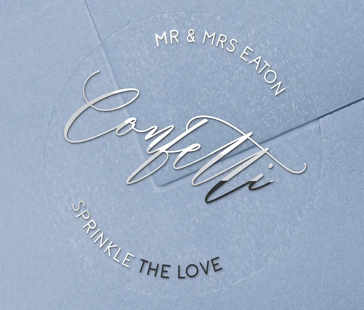 Confetti stickers with personalised names printed in silver on clear sticker