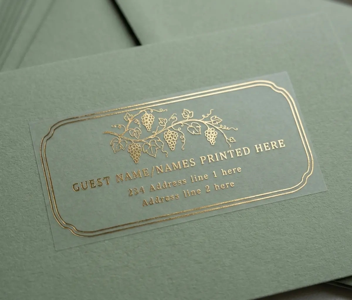 Sage envelope and luxurious guest address label with grape vine graphic printed in gold foil on transparent vinyl.