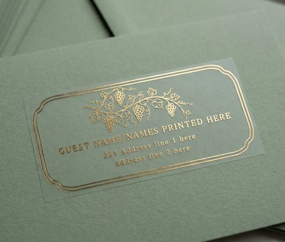 Sage envelope and luxurious guest address label with grape vine graphic printed in gold foil on transparent vinyl.