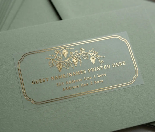 Sage envelope and luxurious guest address label with grape vine graphic printed in gold foil on transparent vinyl.