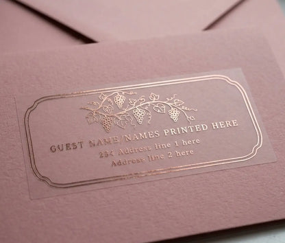 Pink envelope with a clear guest label for guest names and address.