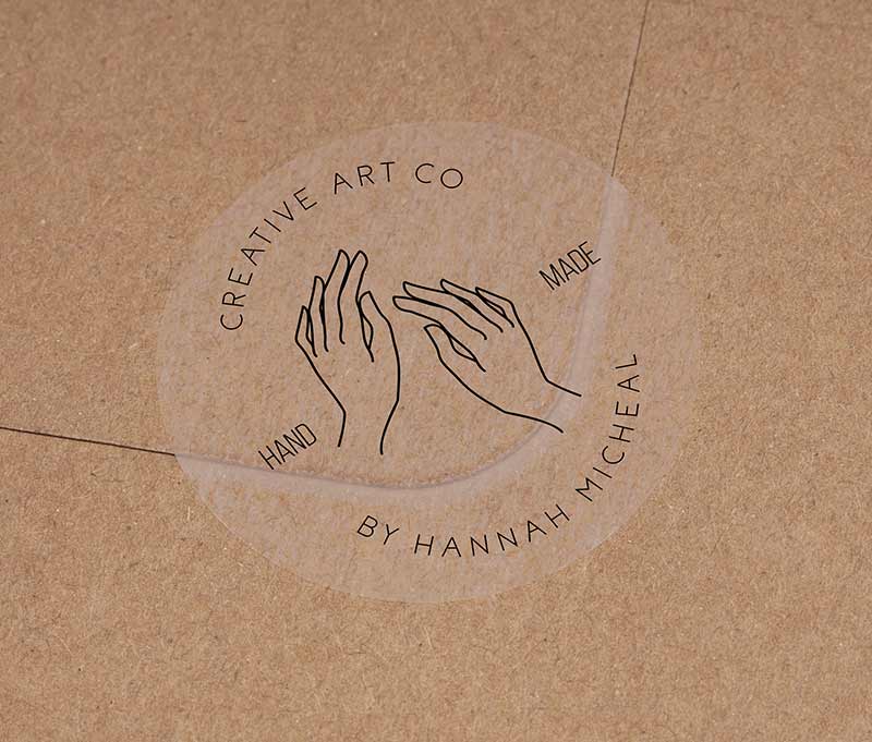 Personalized Handmade business stickers with custom text curved on top and bottom of the sticker printed in black
