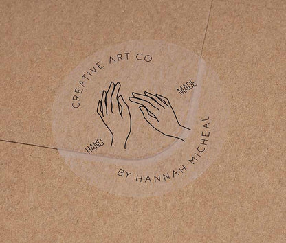Personalized Handmade business stickers with custom text curved on top and bottom of the sticker printed in black