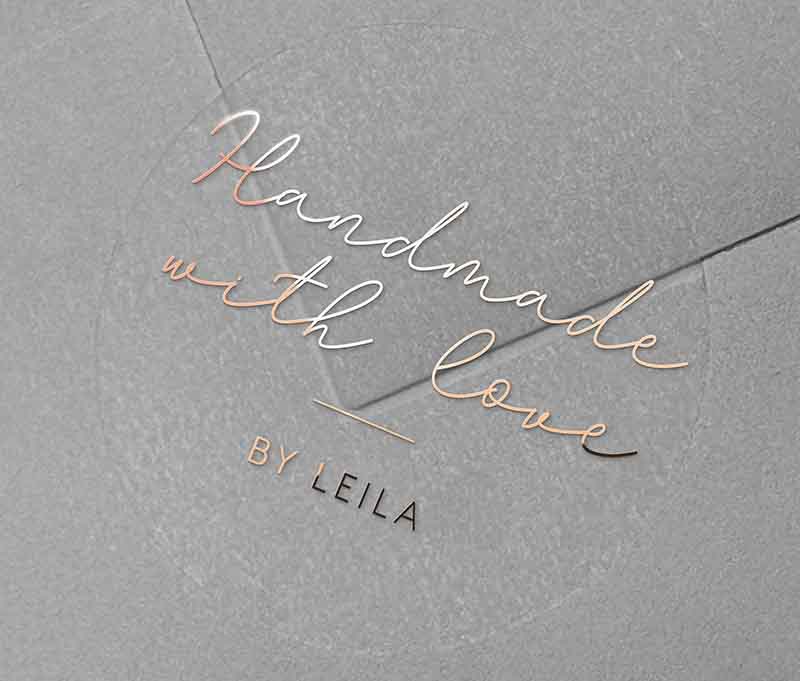 Handmade With Love sticker with personalized name printed in rose gold on round clear sticker