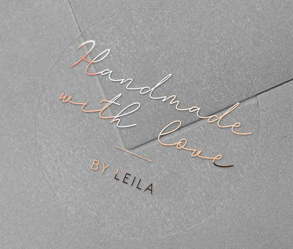 Handmade With Love sticker with personalized name printed in rose gold on round clear sticker
