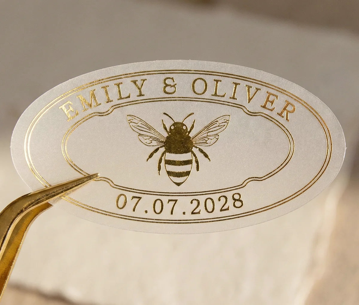 Personalized oval shape honey wedding favour label printed in gold foil on frosted vinyl