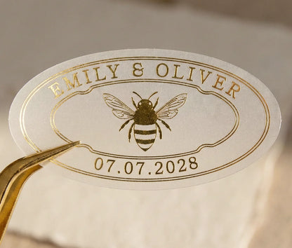 Personalized oval shape honey wedding favour label printed in gold foil on frosted vinyl