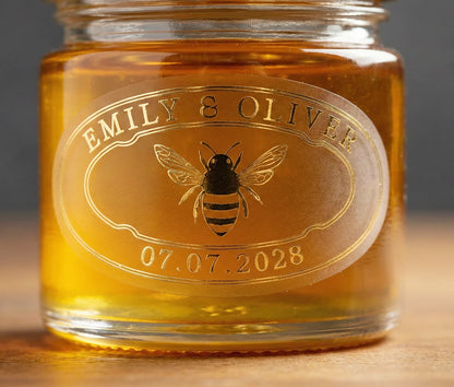 Jar of honey with personalized wedding sticker printed in gold foil