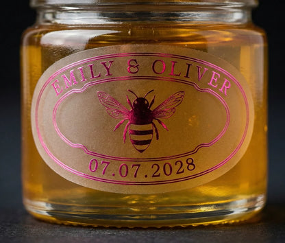 Jar of honey with personalized oval wedding favour label printed in hot pink foil on frosted vinyl.