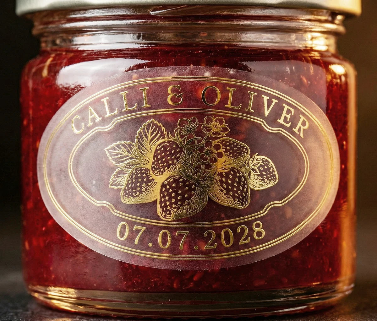 Jar of jam with a personalized label featuring strawberries printed in gold foil.