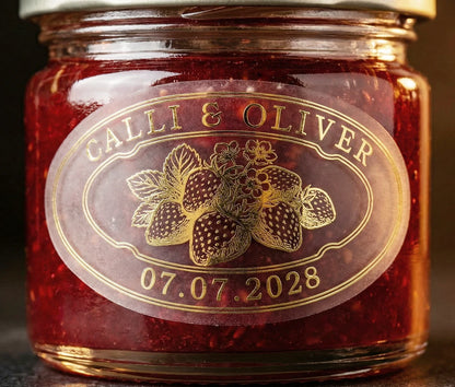 Jar of jam with a personalized label featuring strawberries printed in gold foil.
