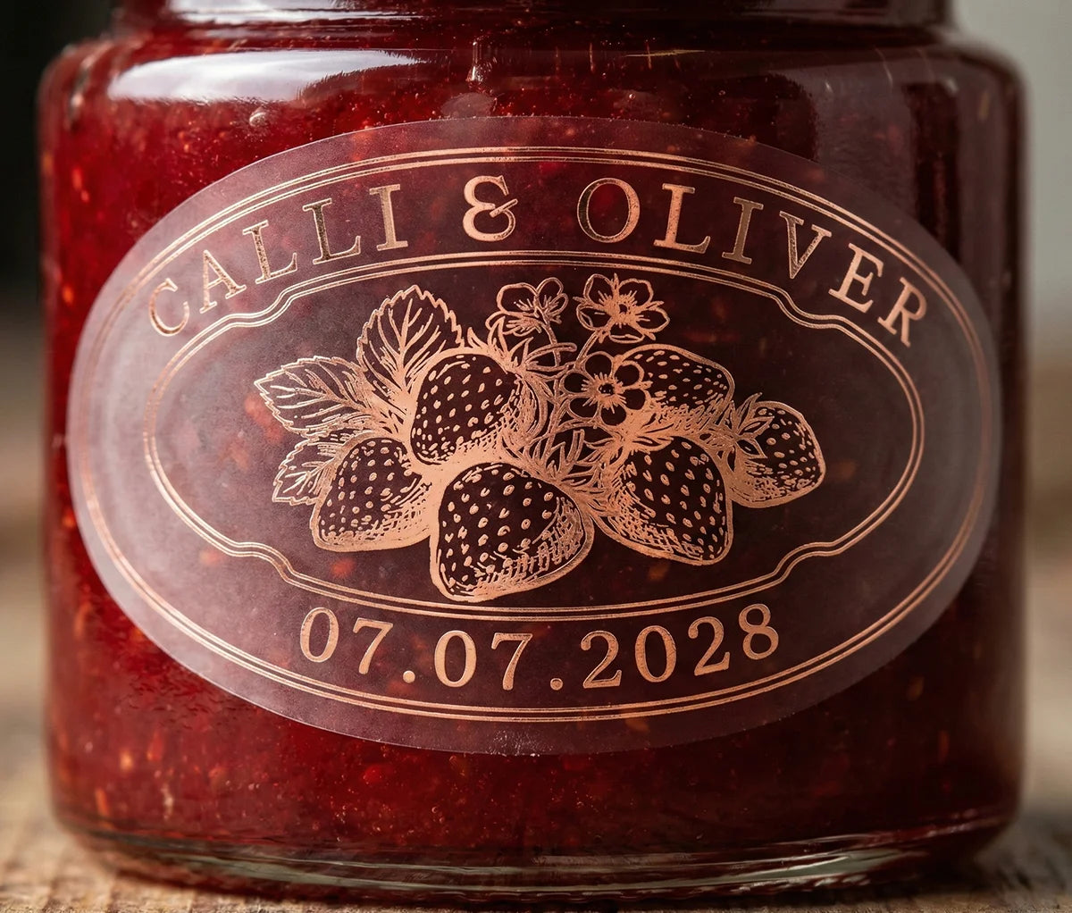 Custom oval strawberry jam favor label featuring strawberries printed in rose gold foil applied to a jar of jam.