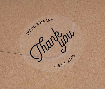 Modern retro design Thank you stickers with personalized names and date printed in black ink on round clear sticker