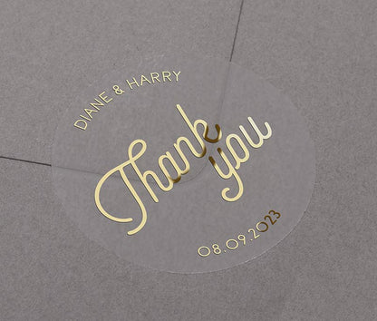 Modern retro design Thank you stickers with personalized names and date printed in gold on round clear sticker