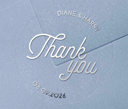 Modern retro design Thank you stickers with personalized names and date printed in silver on round clear sticker