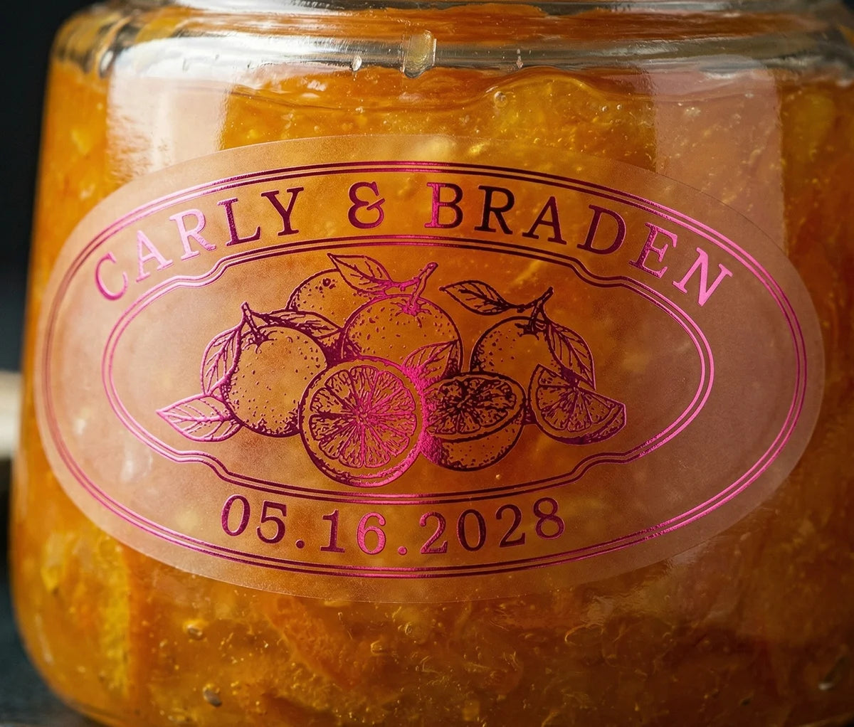 Oval personalized hot pink print transparent wedding favour label for orange marmalade.