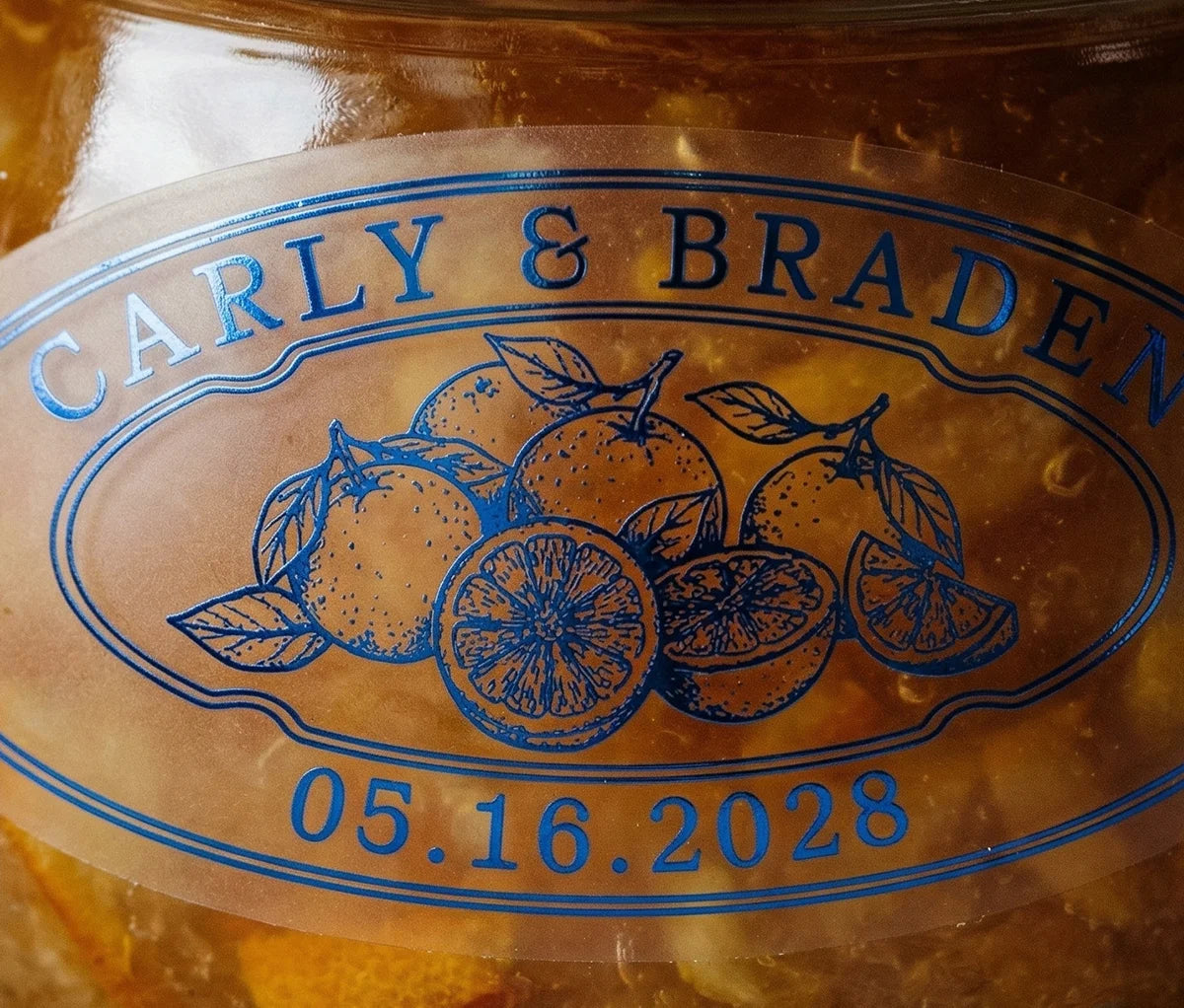 Oval personalized royal blue print transparent wedding favour label for orange marmalade.